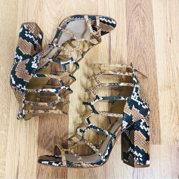 SCHUTZ Juliana Leather Caged Block Heel Sandal Snake Embossed Tan Black Size 7.5 - Picture 8 of 14